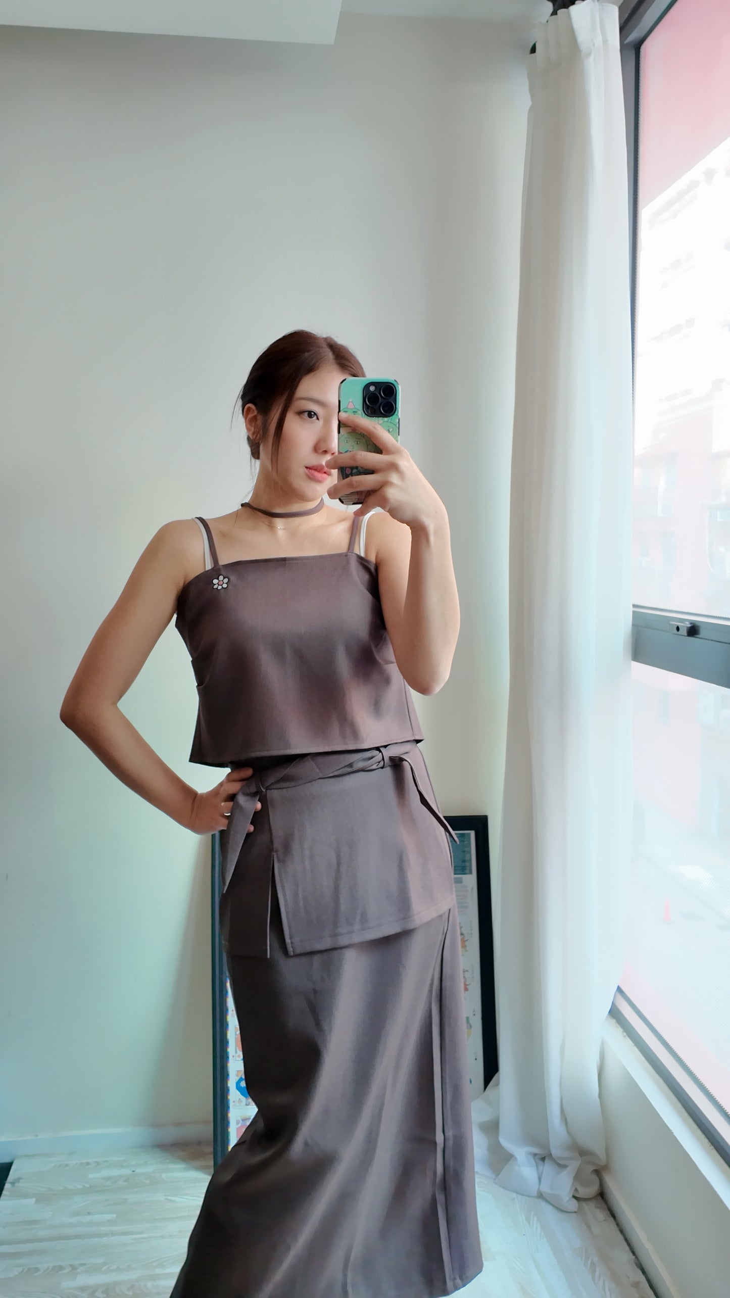 附綁帶真兩件長裙套裝