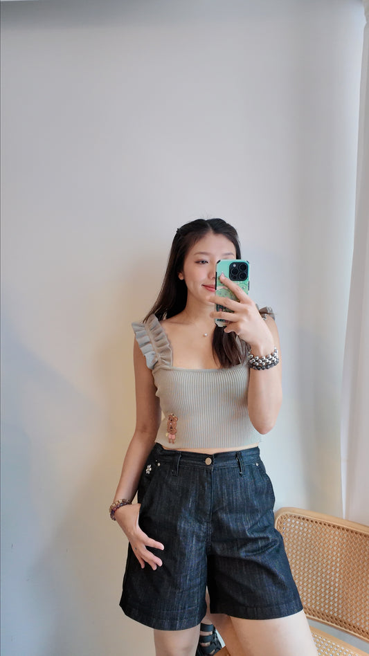 荷葉粗肩針織背心