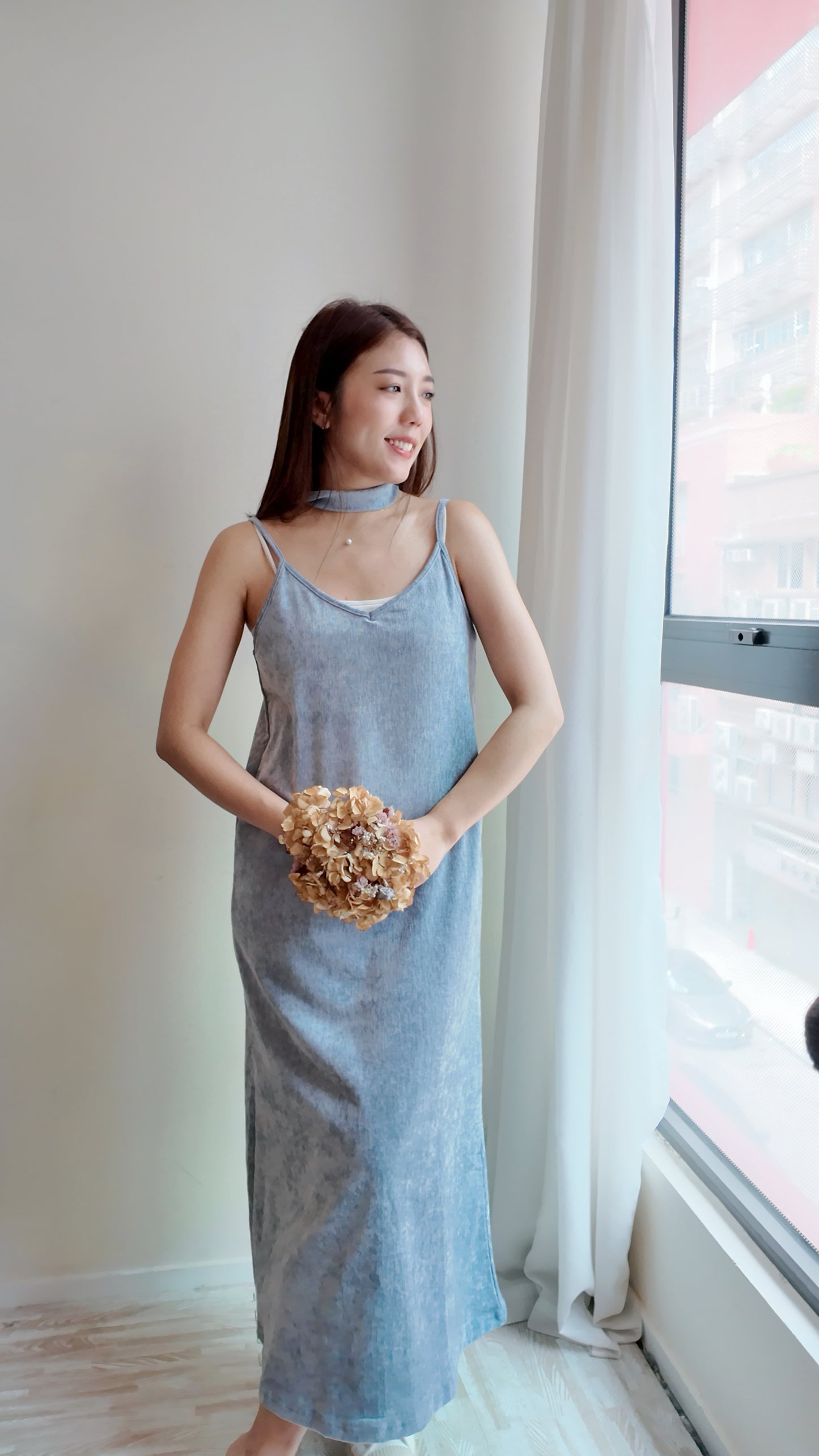 絨布綁帶光澤長連身裙