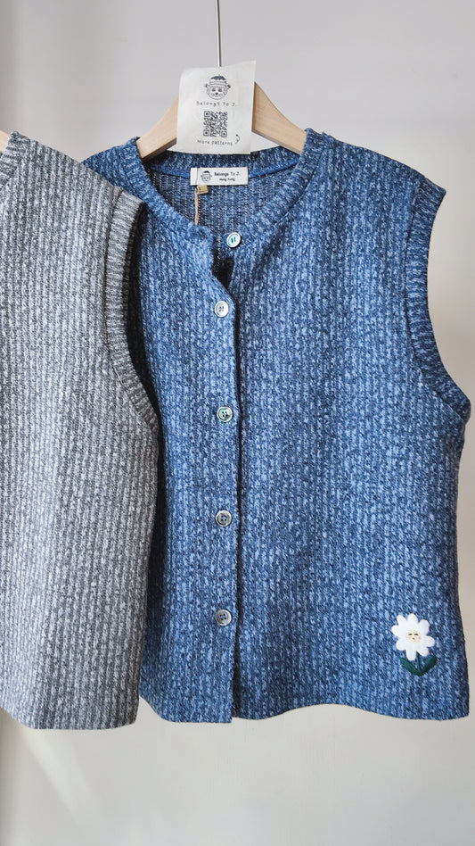 自家製-針織圓領開鈕背心外套/上衣