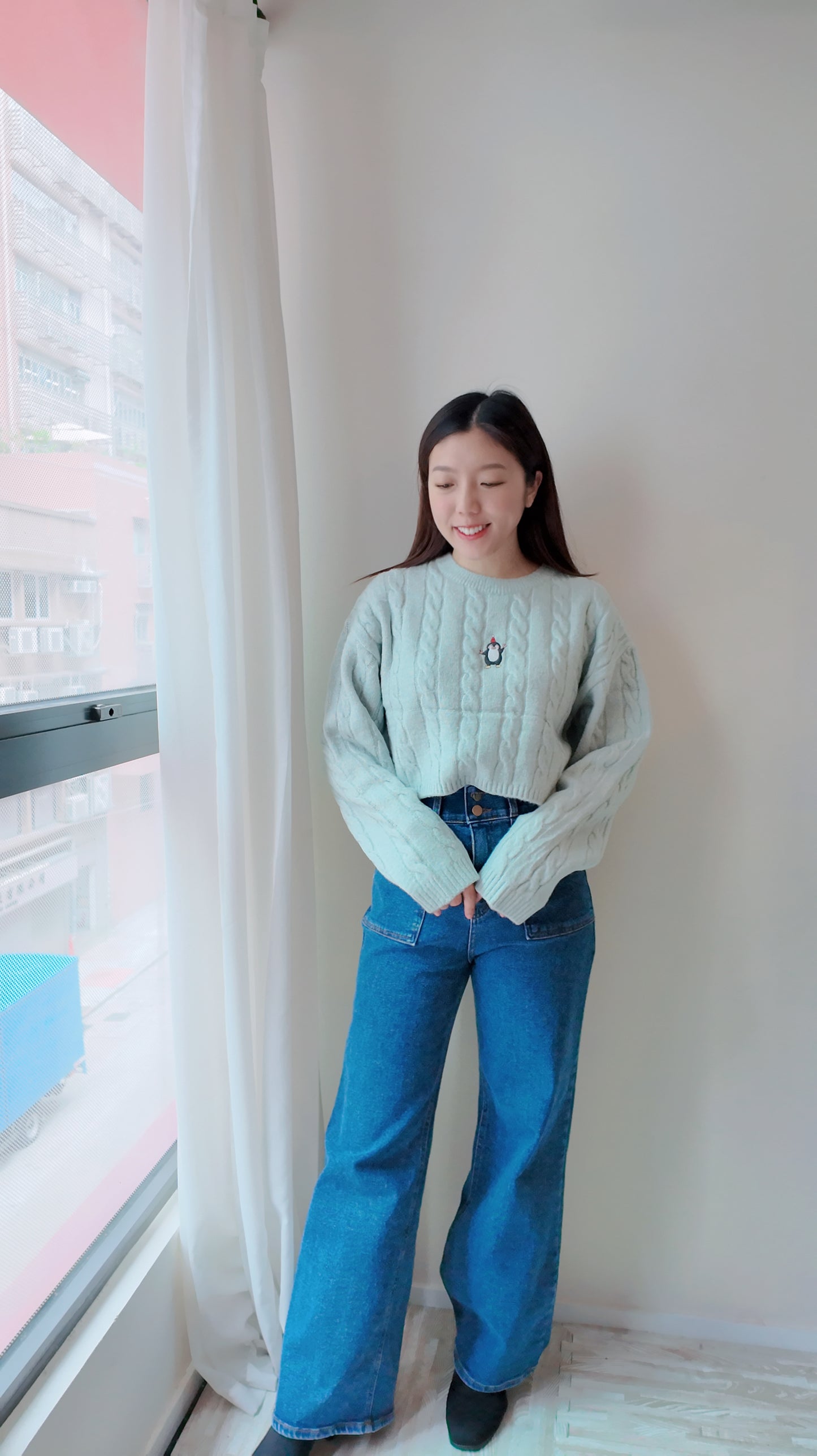 牛仔雙鈕高腰長闊褲