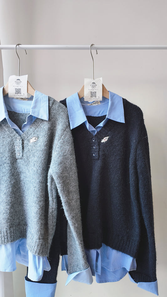 假兩件羊毛針織拼接襯衫