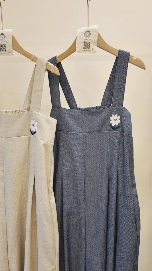 自家製-麻棉寬肩拼布連身褲
