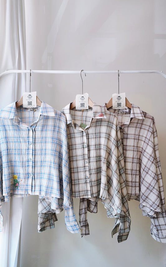 落肩拼色格仔長袖襯衫