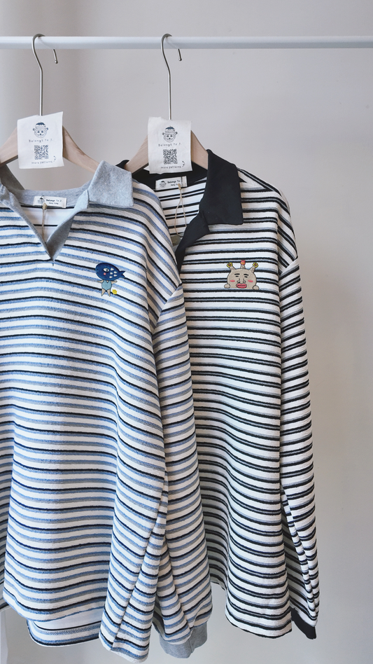 翻領針織橫間長袖上衣