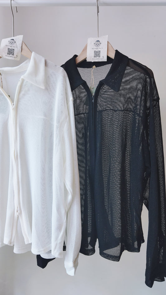 雙拉鏈翻領微透膚外套