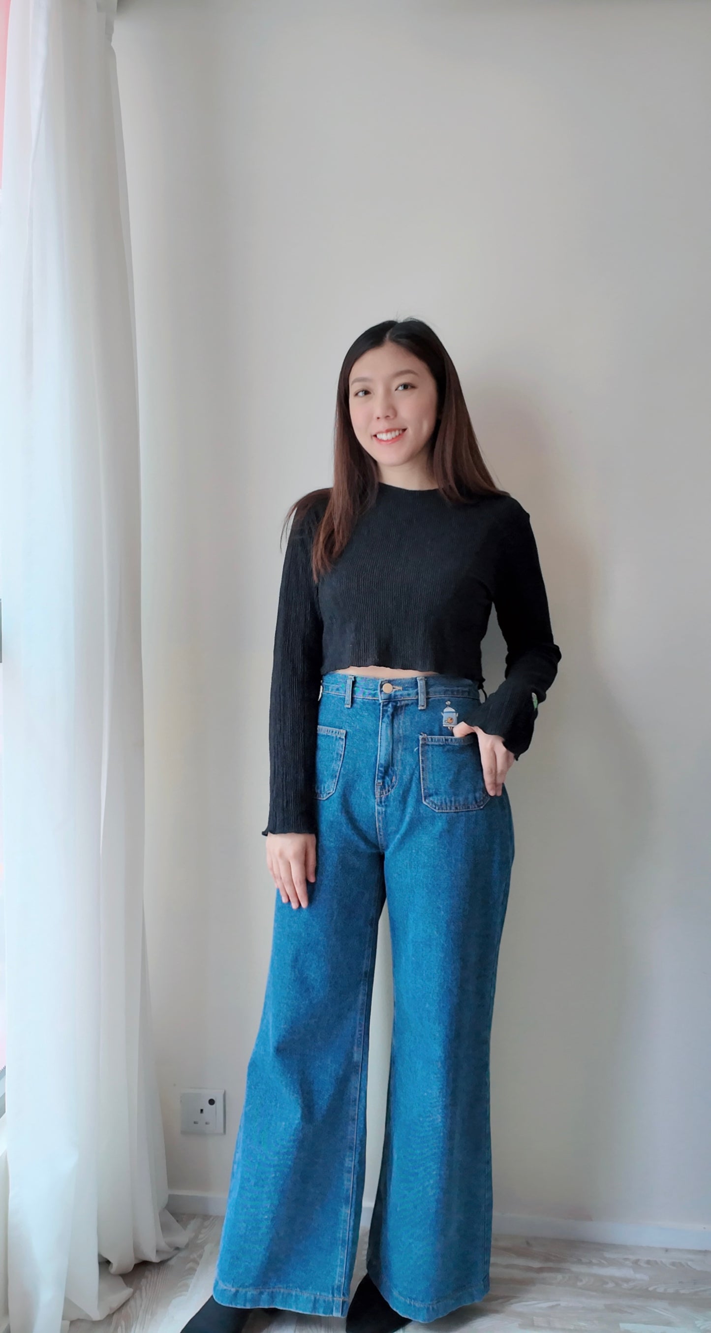 牛仔六角形口袋高腰長闊褲