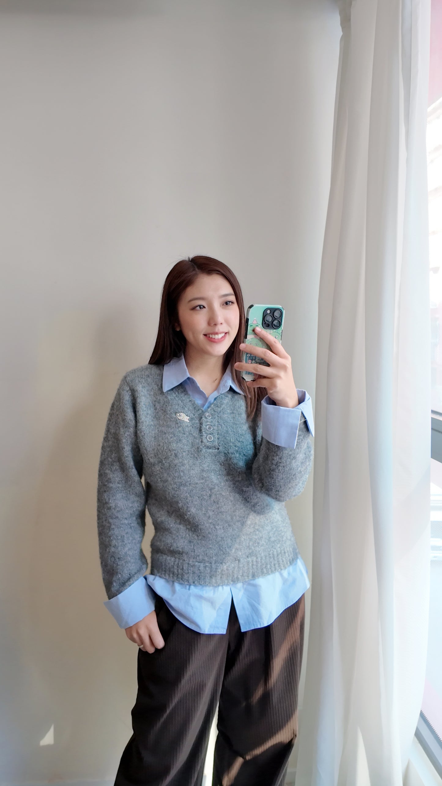 假兩件羊毛針織拼接襯衫