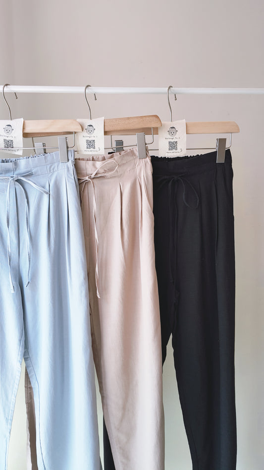 麻棉半橡筋腰綁底高腰長褲