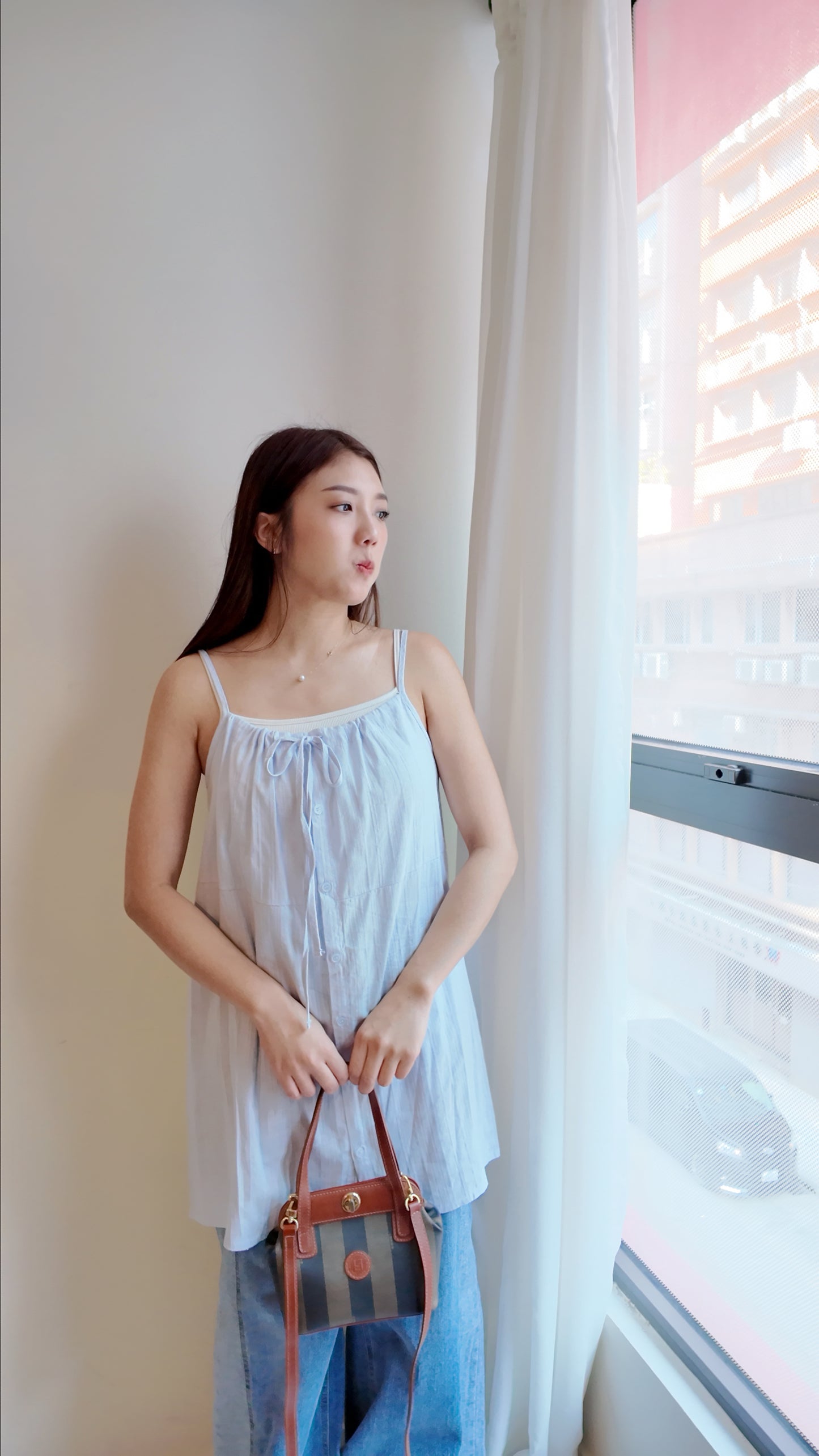 前抽繩綁帶吊帶連身裙