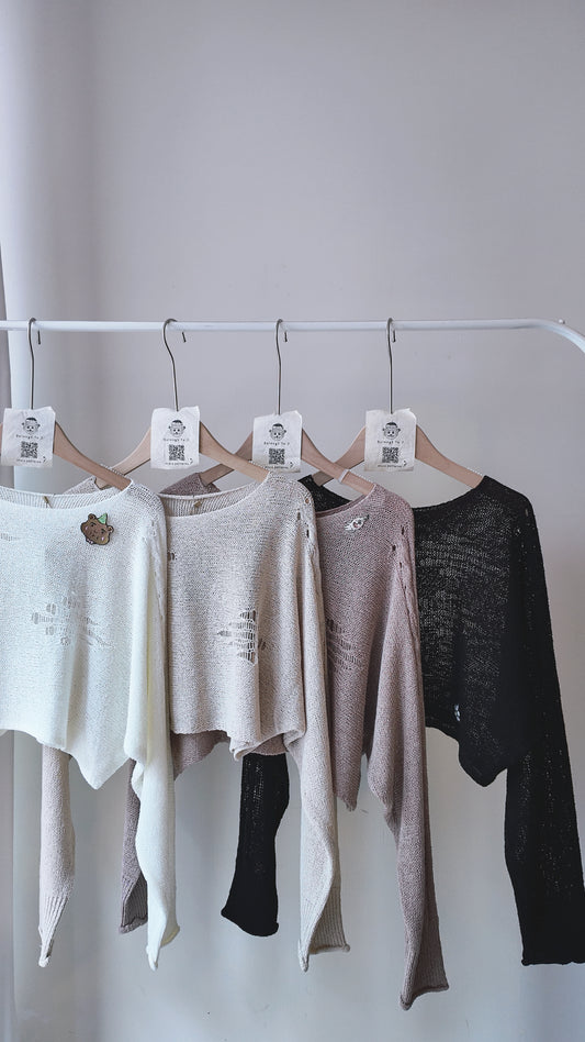 短版洞洞麻花長袖上衣/罩衫