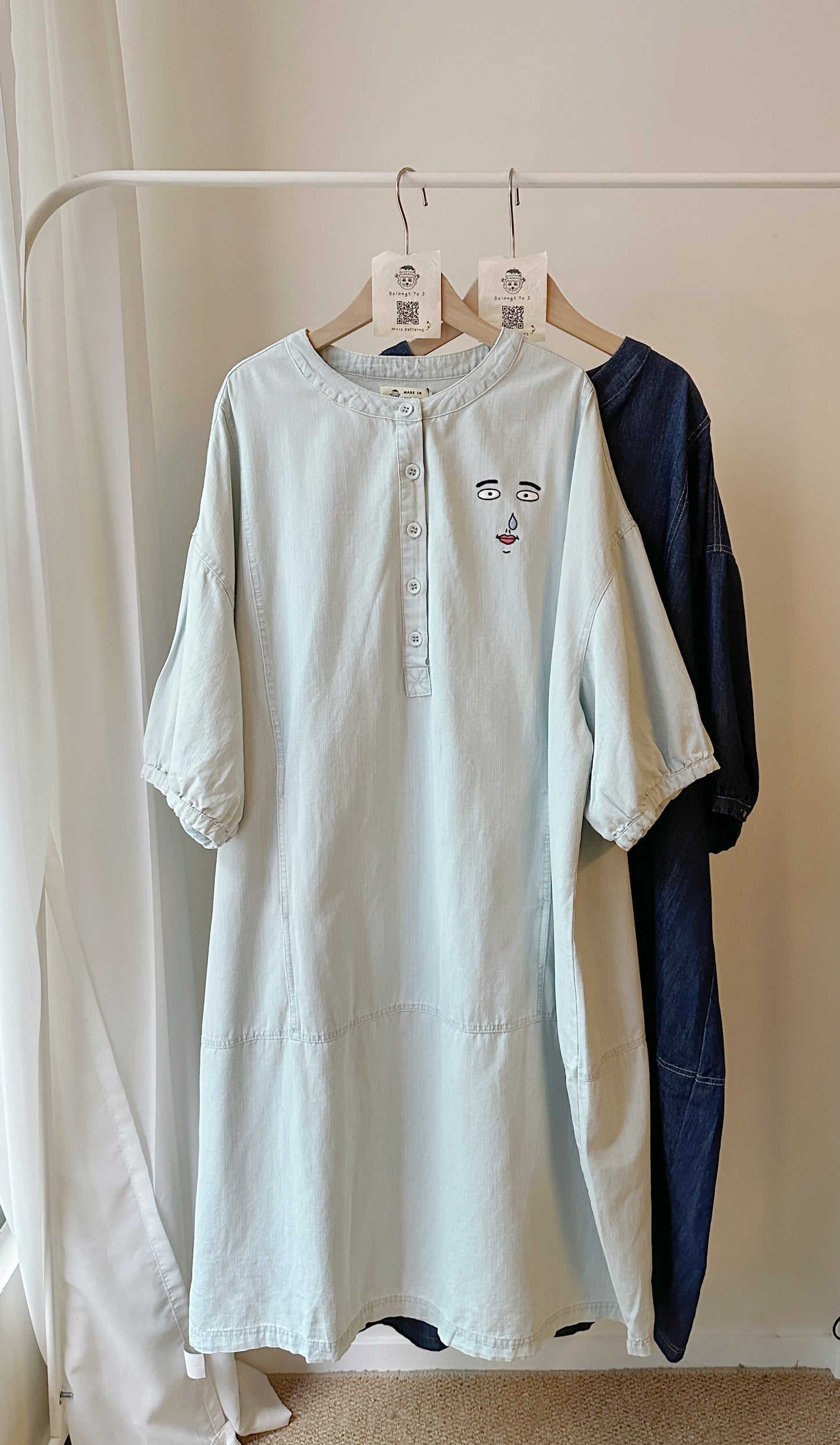 牛仔半開胸長袖連身裙