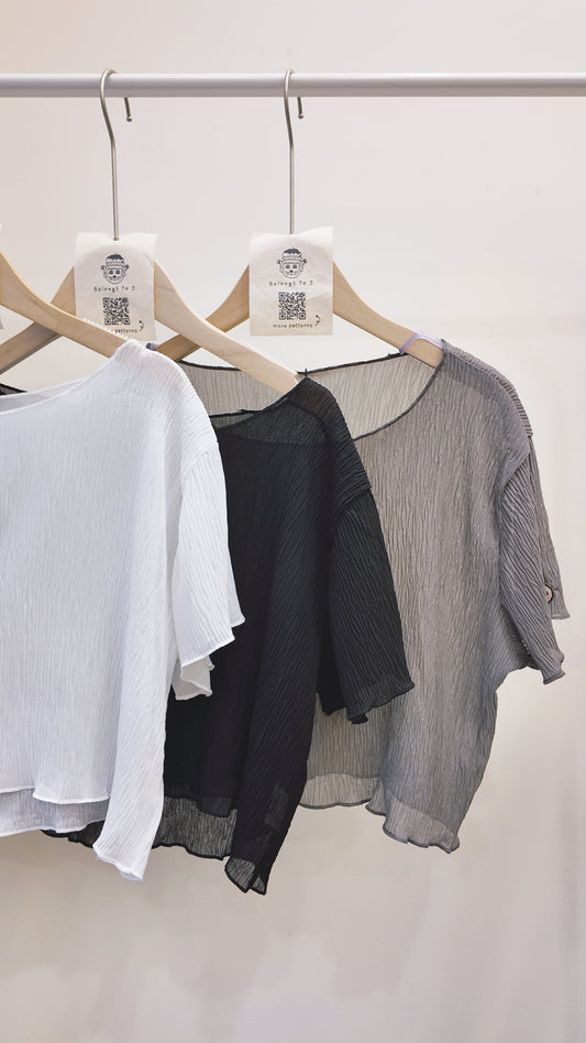 皺皺透膚圓領短袖上衣