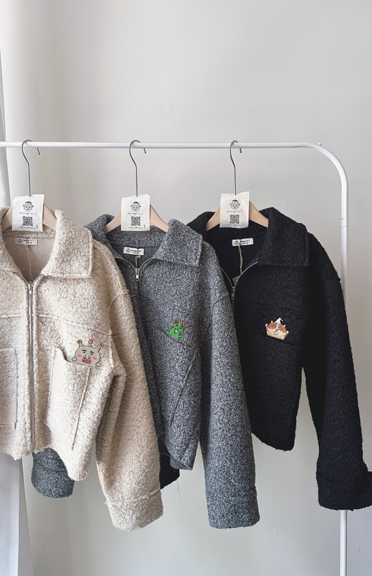 短毛呢翻領拉鏈雙口袋外套