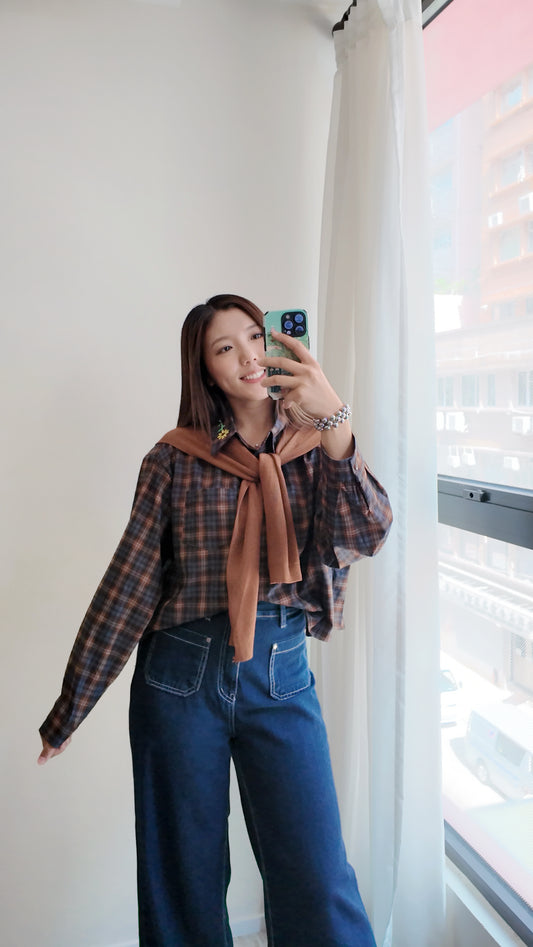 前短後長附披肩格紋上衣