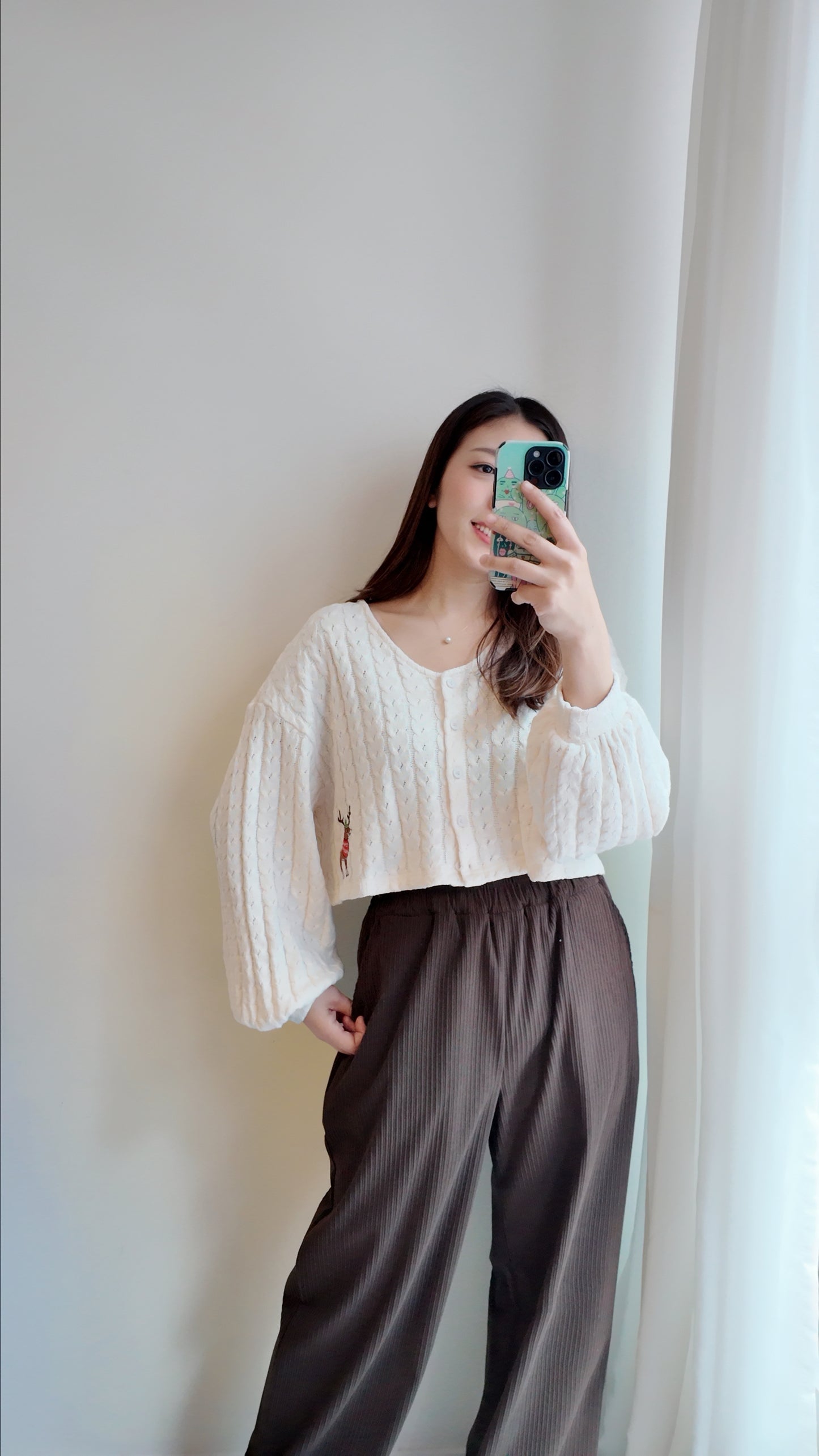 橡筋腰直條高腰長褲