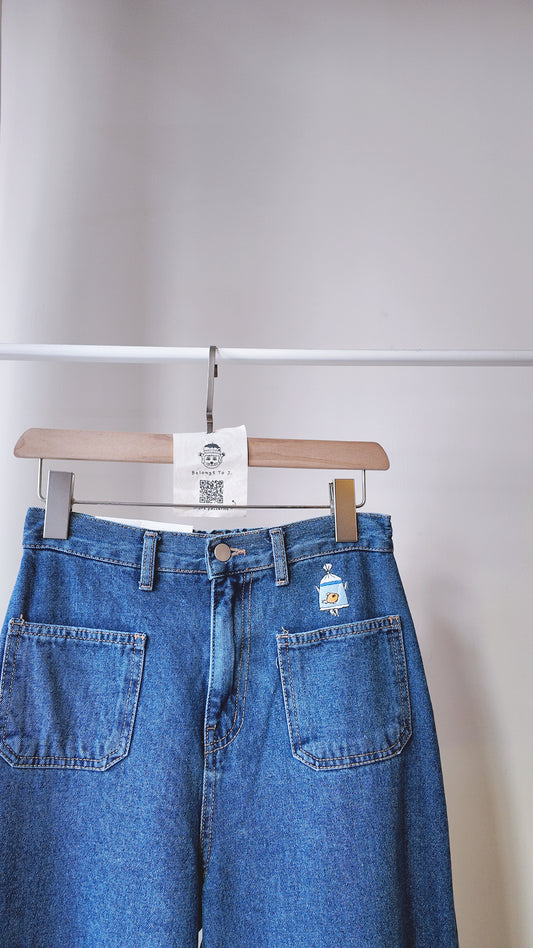 牛仔六角形口袋高腰長闊褲