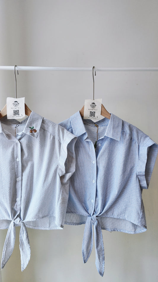 無袖直間翻領下擺綁帶襯衫