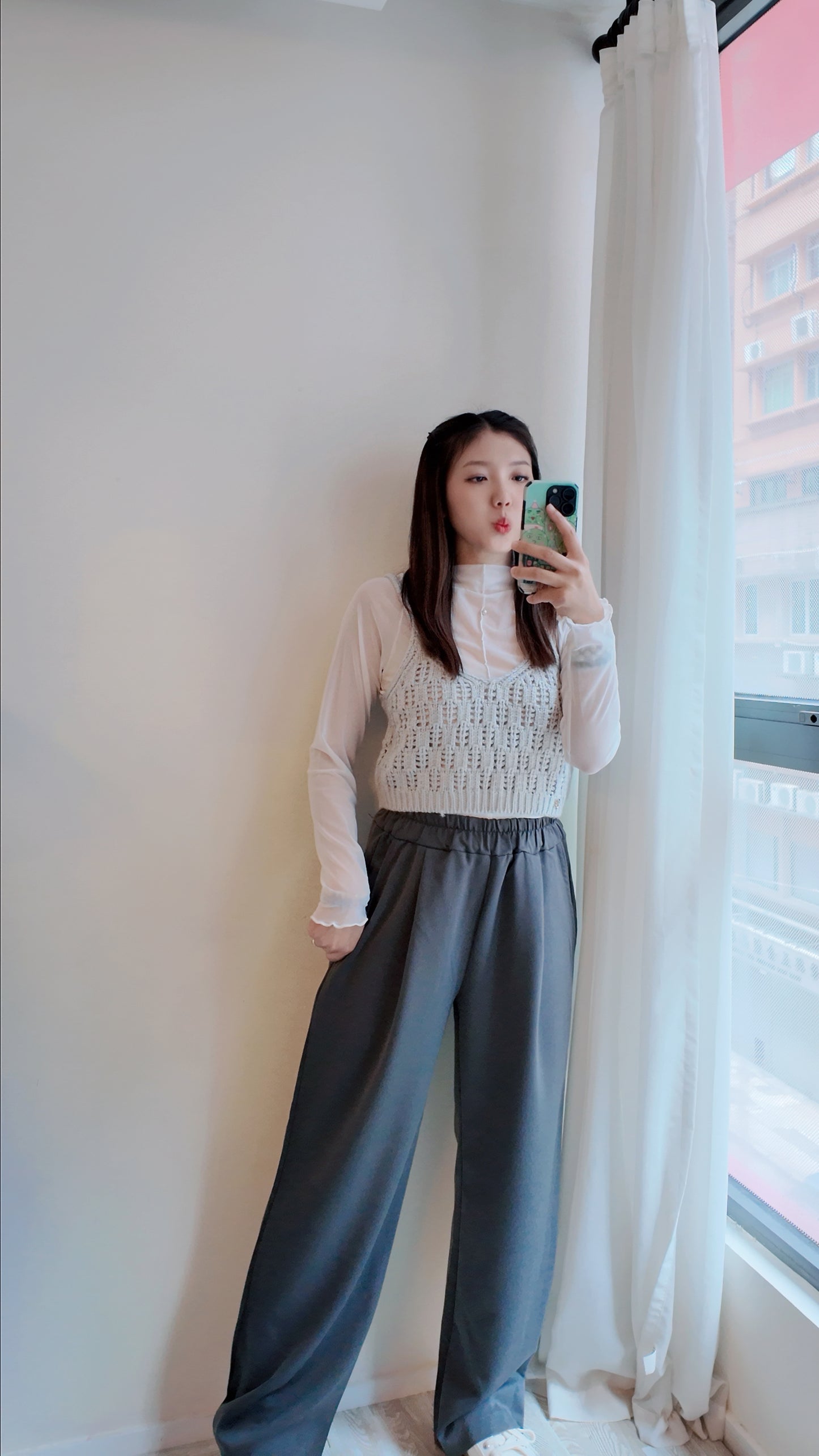 橡筋腰打摺高腰長西褲