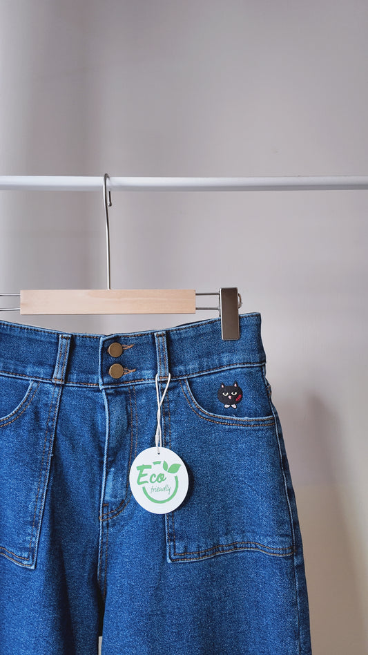 牛仔雙鈕高腰長闊褲