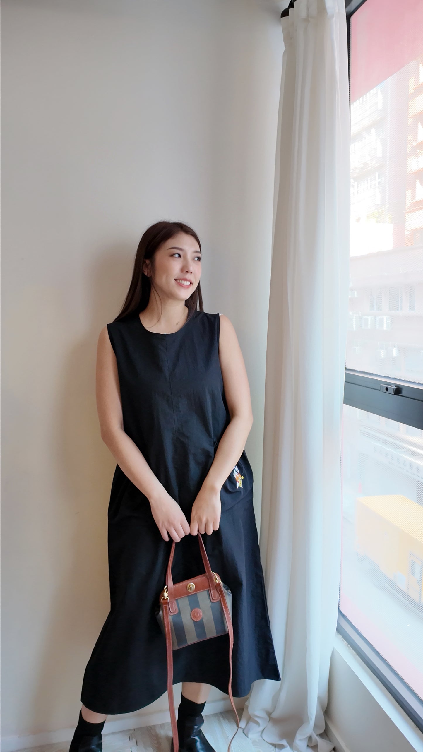 無袖滑料口袋抽繩連身裙