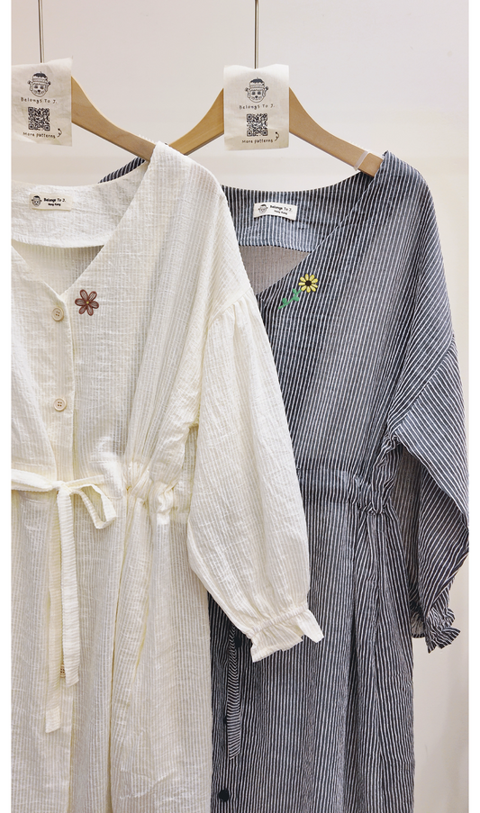 自家製-直紋3/4袖開胸連身裙