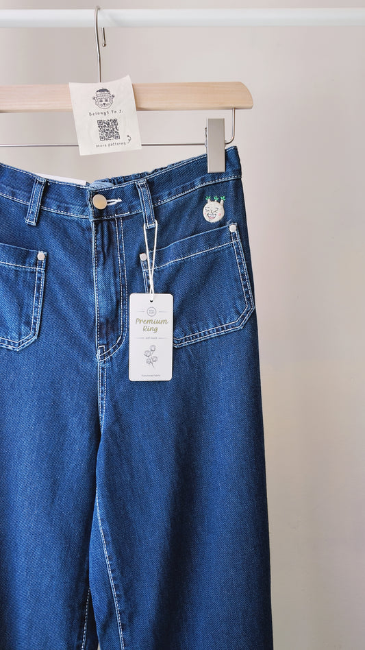 深藍牛仔六角形口袋高腰長闊褲