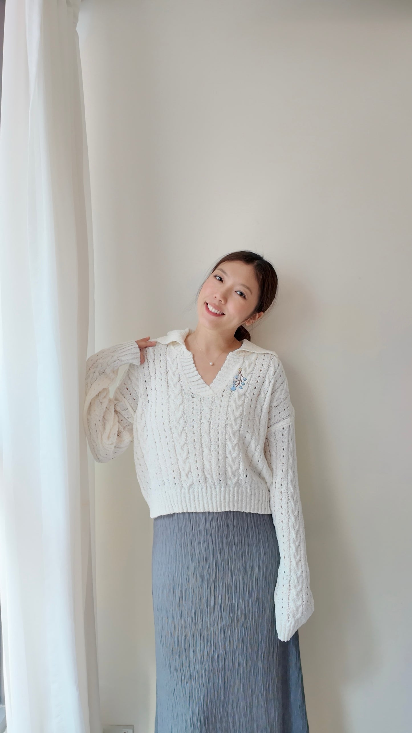 翻領針織麻花長袖上衣