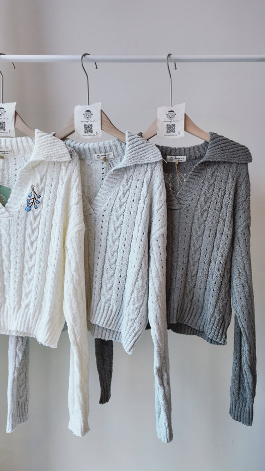 翻領針織麻花長袖上衣