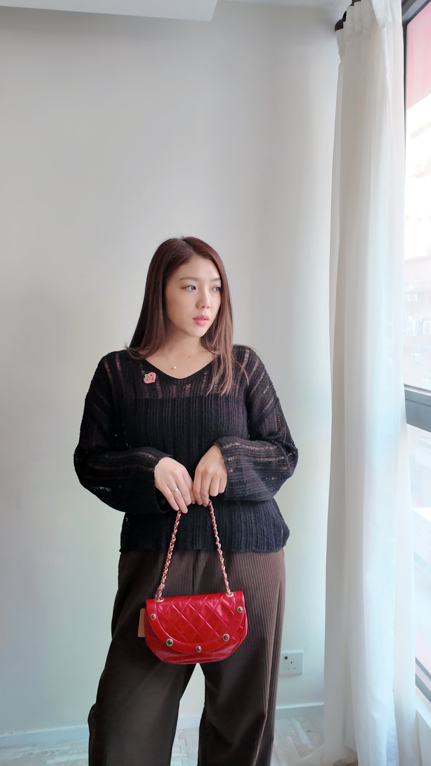 洞洞V領長袖上衣/罩衫