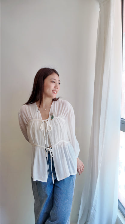 雙綁帶皺皺泡泡袖長袖罩衫