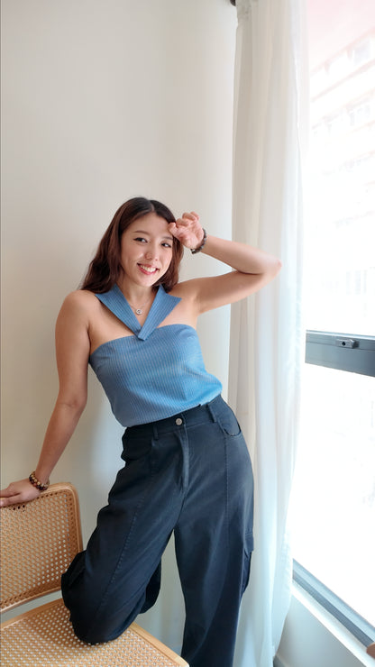 自家製-法式翻領掛頸細條紋抹胸上衣