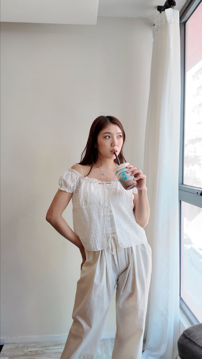 提花蕾絲綁帶短袖罩衫