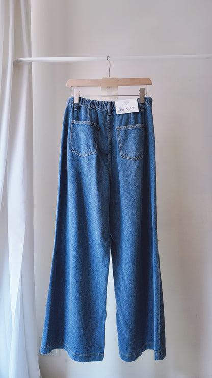 半橡筋打摺牛仔高腰長闊褲