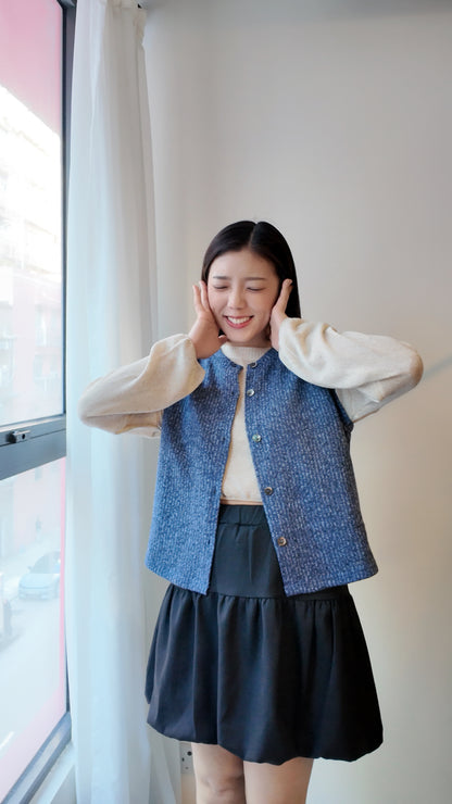 自家製-針織圓領開鈕背心外套/上衣