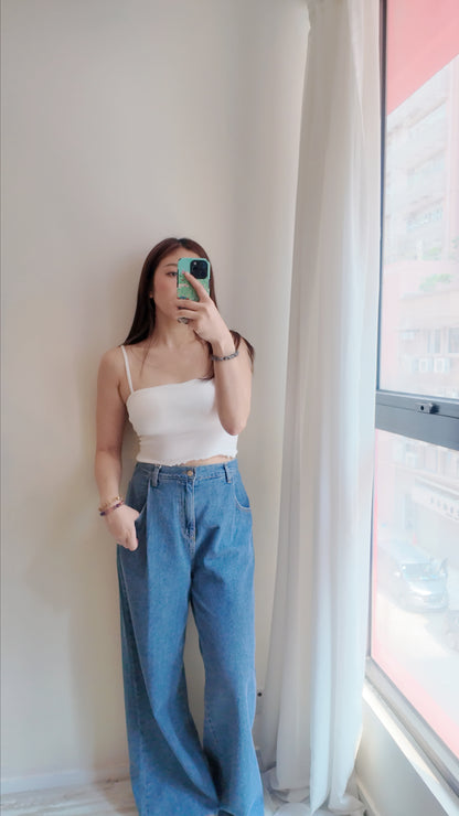 半橡筋打摺牛仔高腰長闊褲