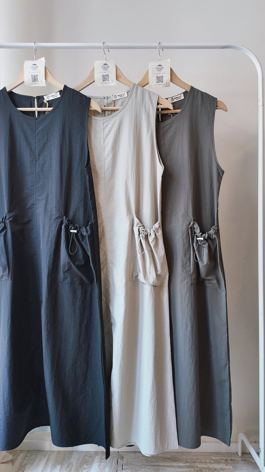 無袖滑料口袋抽繩連身裙