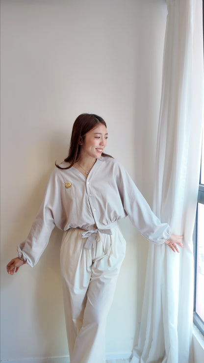 V領素色下綁帶襯衫