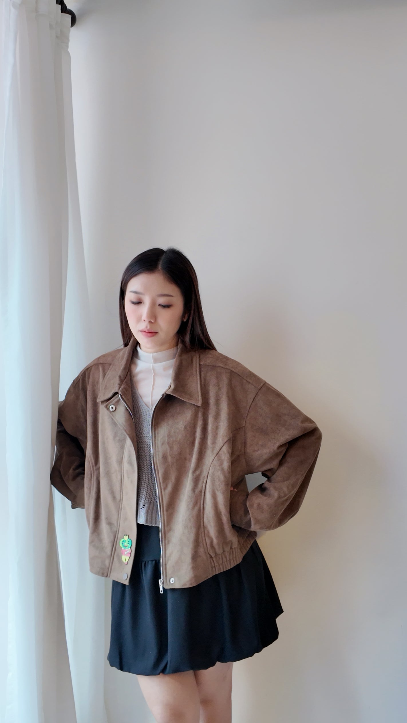 下擺鬆緊兩側車線麂皮外套