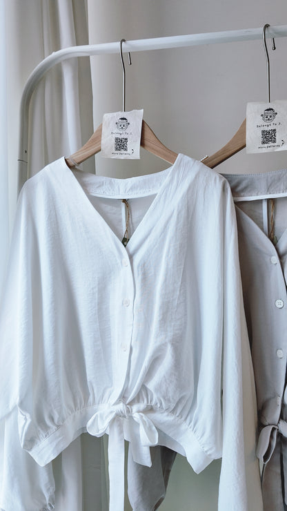 V領素色下綁帶襯衫