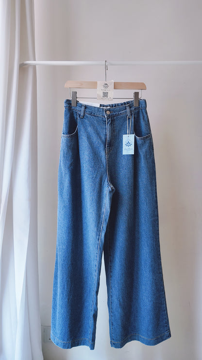 半橡筋打摺牛仔高腰長闊褲