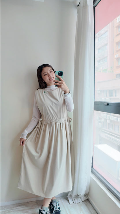 燈芯絨圓領抽繩連身裙