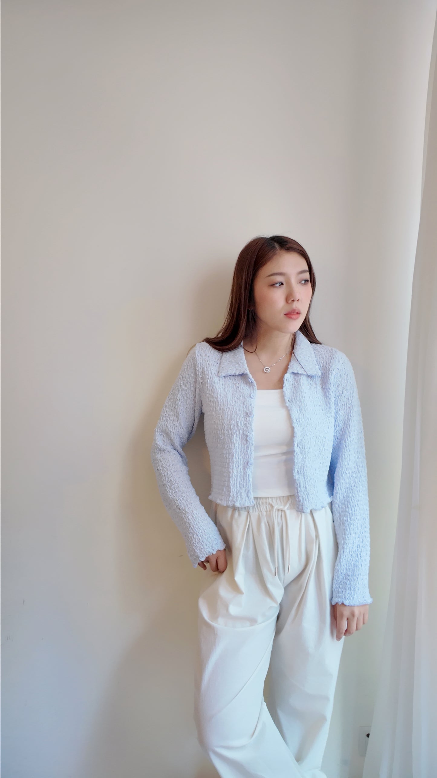 泡泡布翻領排鈕捲邊上衣