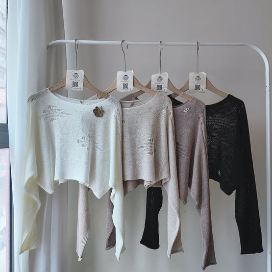 短版洞洞麻花長袖上衣/罩衫