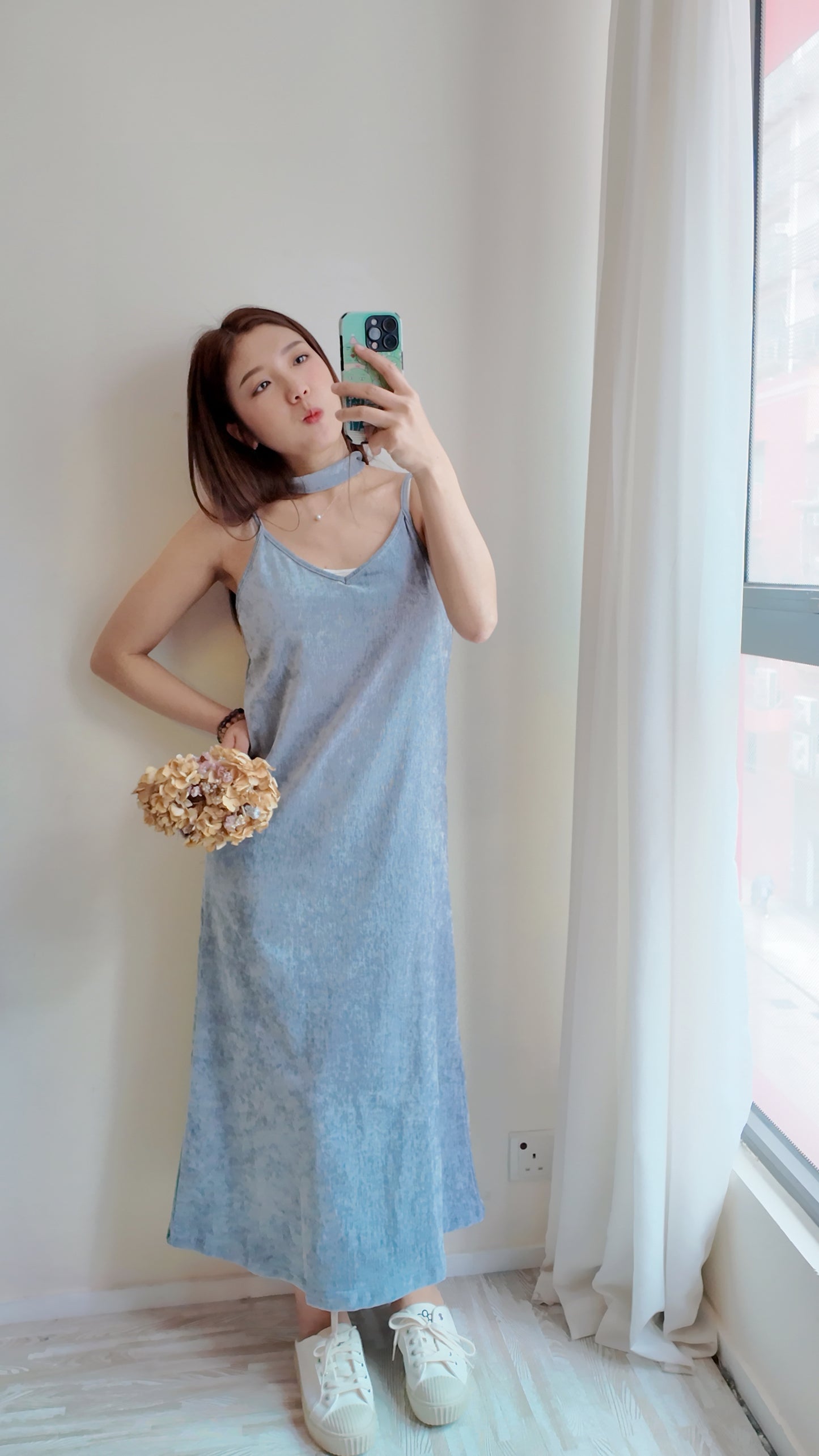 絨布綁帶光澤長連身裙