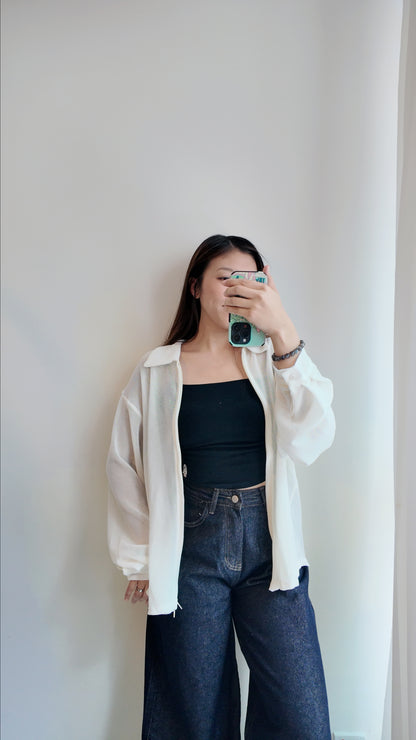 雙拉鏈翻領微透膚外套