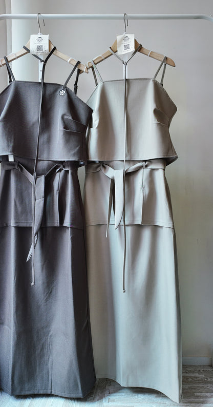 附綁帶真兩件長裙套裝