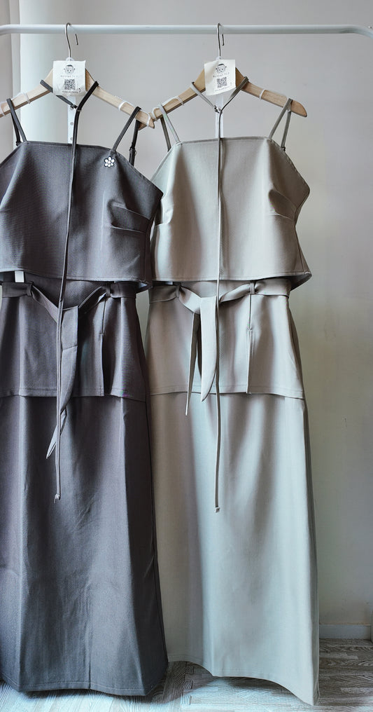 附綁帶真兩件長裙套裝