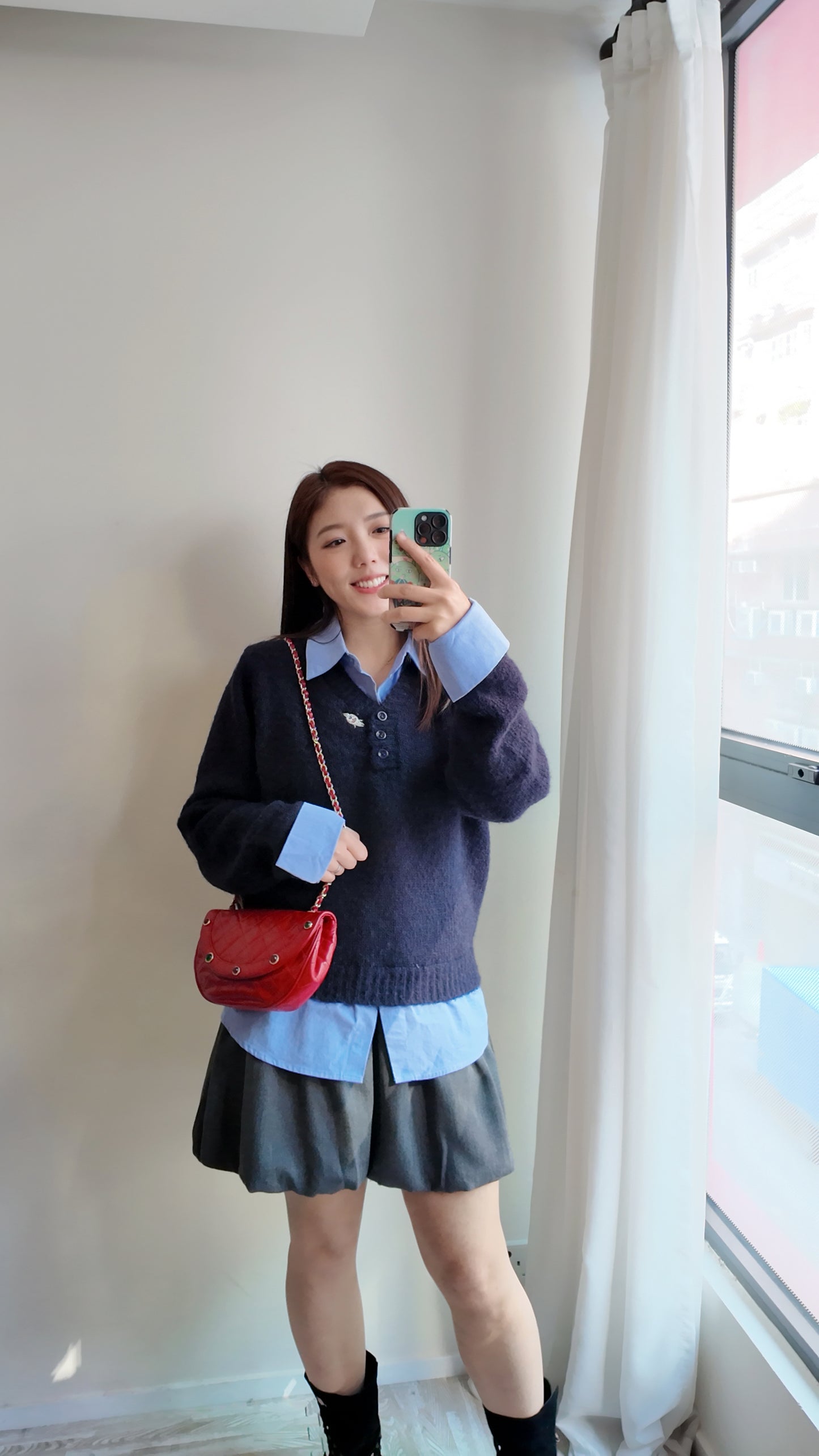 假兩件羊毛針織拼接襯衫