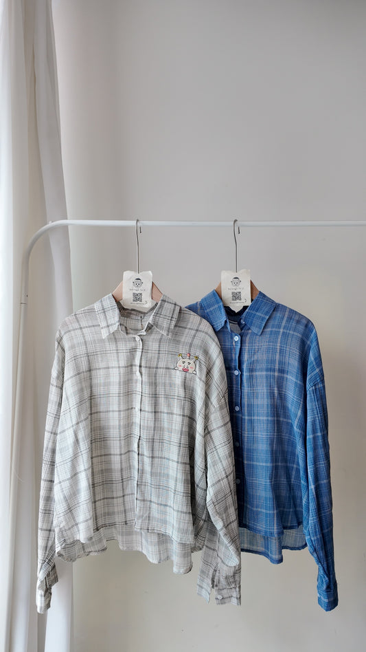 落肩皺皺格仔長袖襯衫